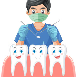 Accueil dentist holding instruments and examining teeth on white backgro