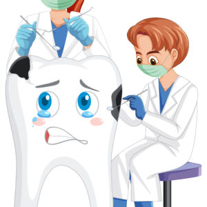 Accueil dentists holding instruments and examining teeth decay on white